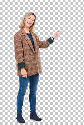 Buy stock photo Smile, pointing and portrait of woman isolated on transparent png background with promotion or offer. Happiness, promo and happy gen z girl showing information, deal presentation and announcement.