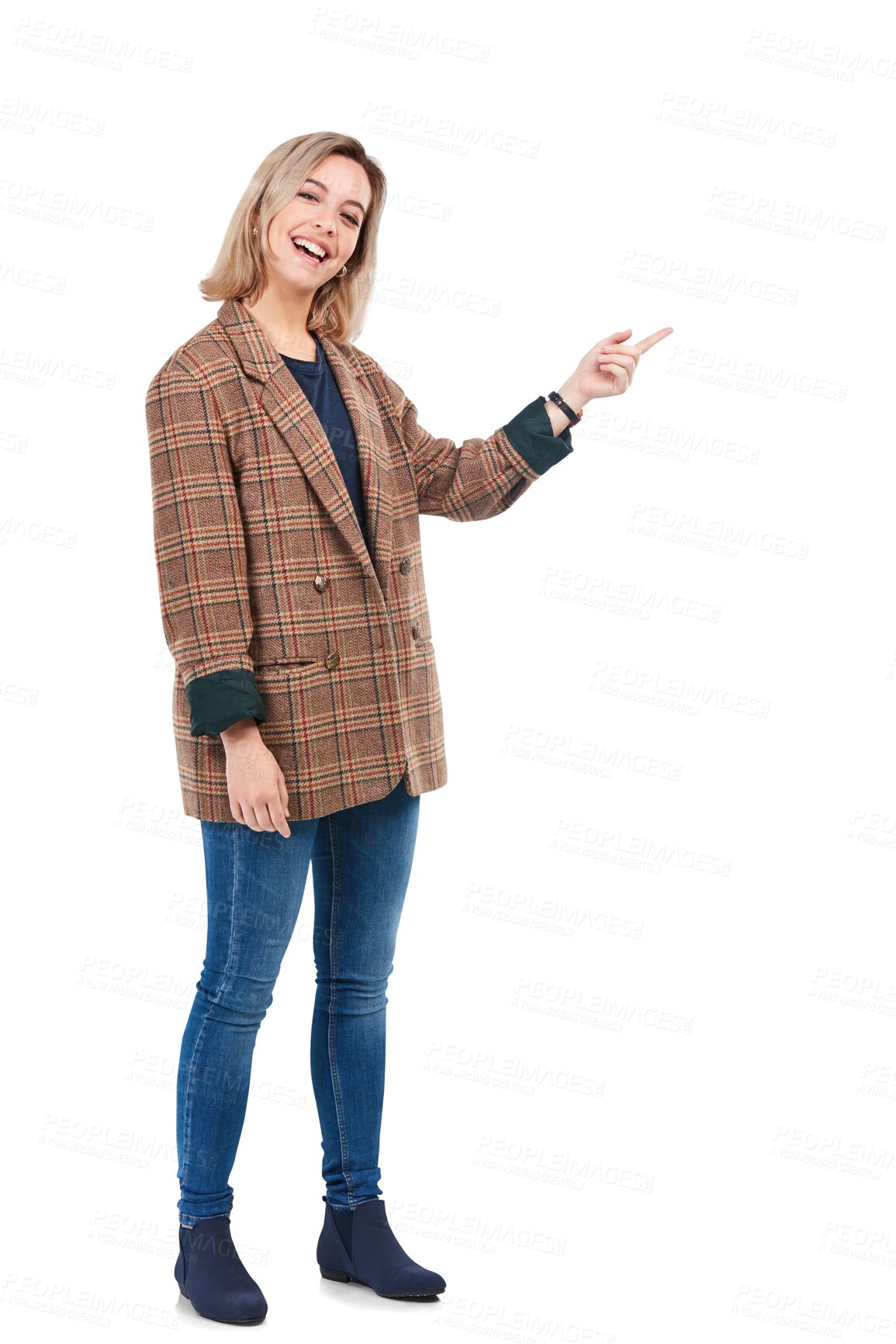 Buy stock photo Smile, pointing and portrait of woman isolated on transparent png background with promotion or offer. Happiness, promo and happy gen z girl showing information, deal presentation and announcement.