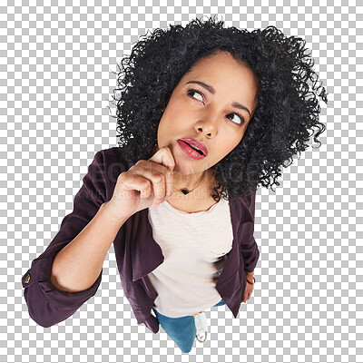 Buy stock photo Thinking, face and woman with idea on isolated, transparent and png background. Doubt, unsure and decision of female person with a choice, question or solution while problem solving or brainstorming