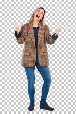 Buy stock photo Winning, celebrate and portrait of excited woman isolated on transparent png background with achievement and success. Young professional, champion creative and smile, happy girl with winner energy.