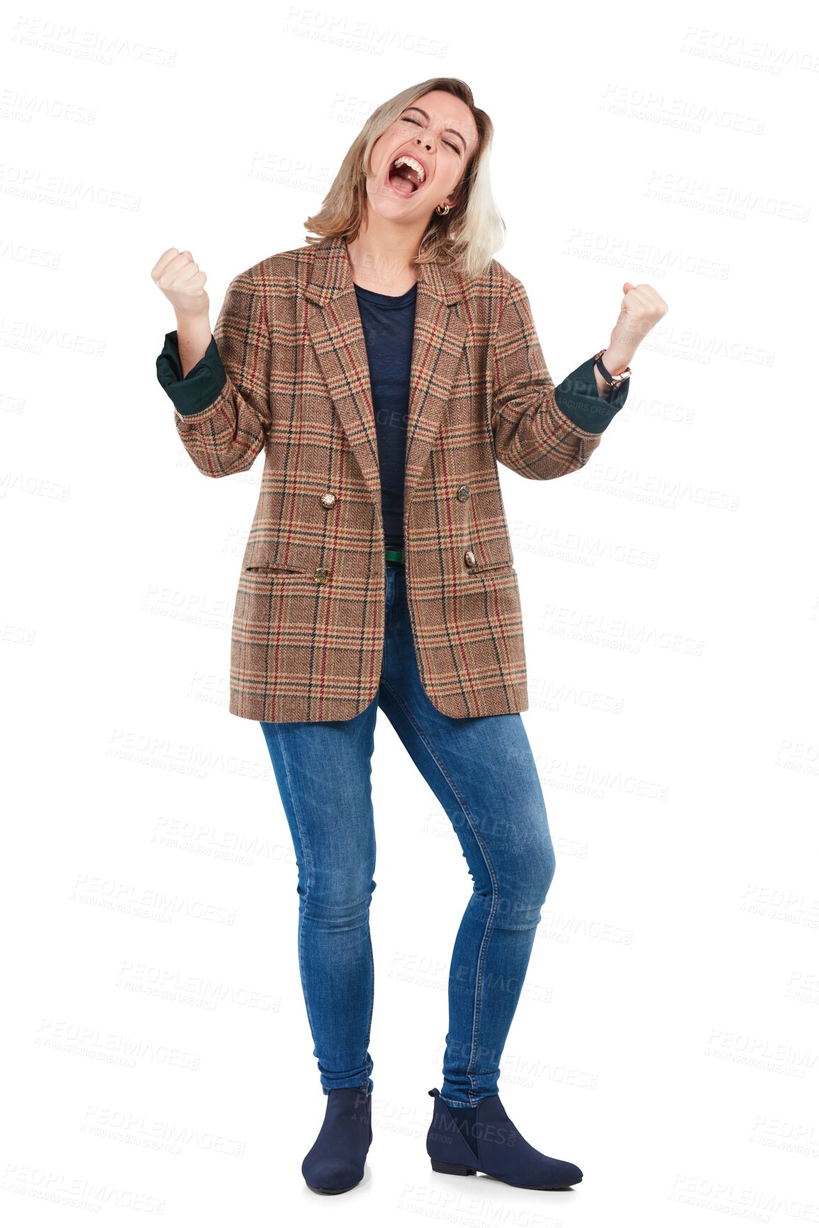 Buy stock photo Winning, celebrate and portrait of excited woman isolated on transparent png background with achievement and success. Young professional, champion creative and smile, happy girl with winner energy.