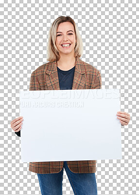 Buy stock photo Portrait of happy girl with mockup on board for advertising, logo marketing or product placement. Woman with mock up space on poster for brand or advertisement isolated on transparent png background 