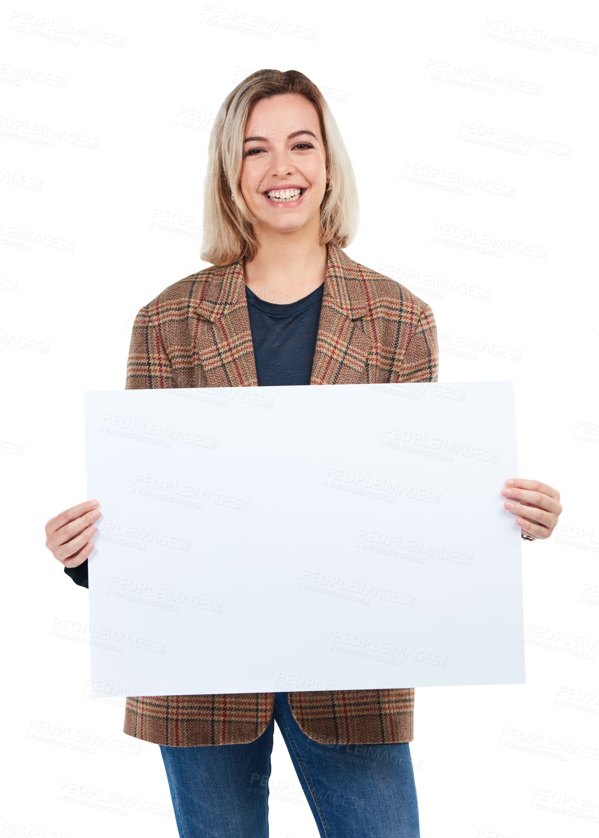 Buy stock photo Portrait of happy girl with mockup on board for advertising, logo marketing or product placement. Woman with mock up space on poster for brand or advertisement isolated on transparent png background 