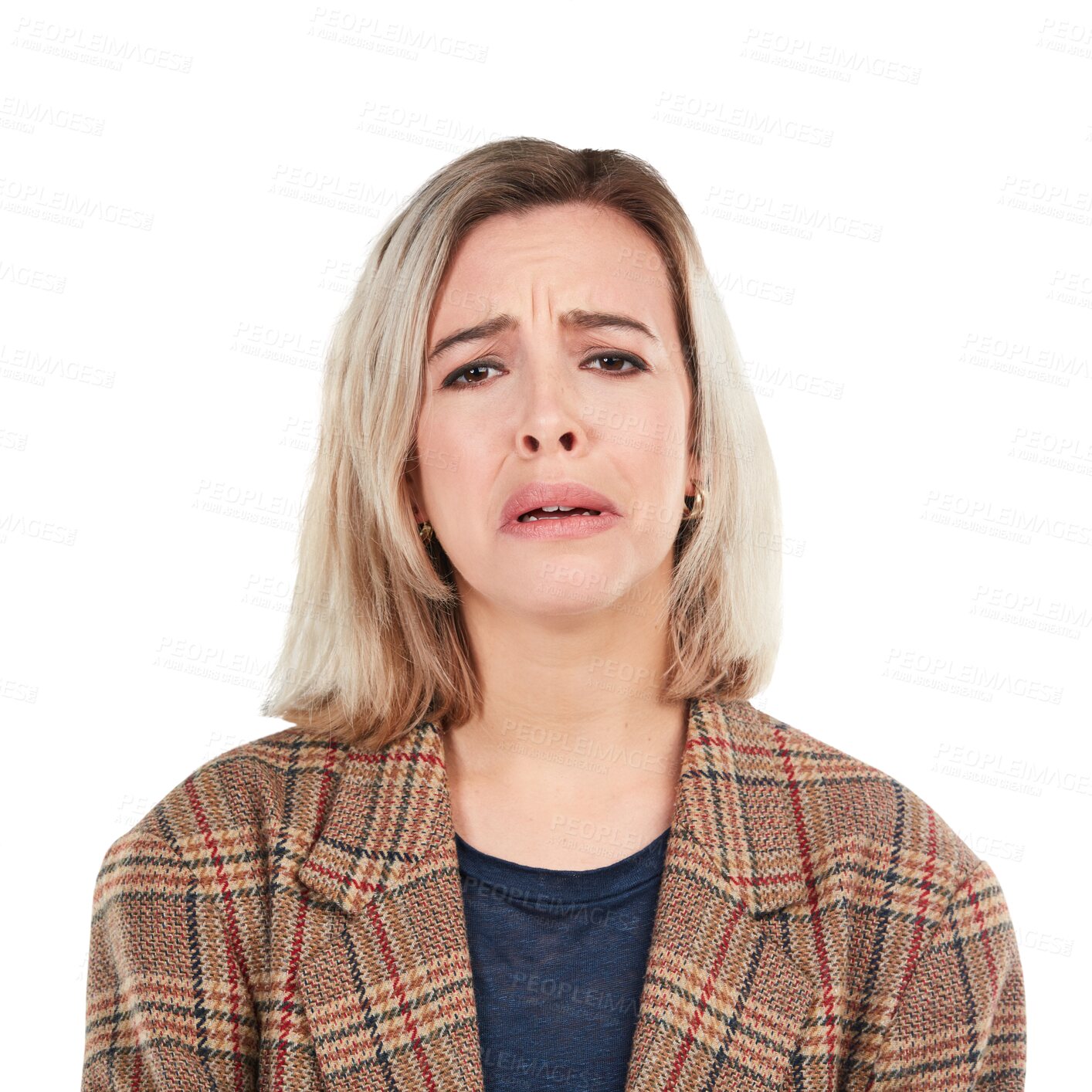 Buy stock photo Sad, portrait and cry of a woman on isolated, transparent or png background in crisis or fail. Depression, face and female person with mental health, broken heart or stress and anxiety after mistake