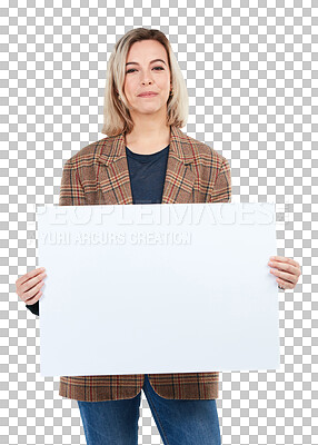 Buy stock photo Portrait of girl with mockup on poster for advertising, logo marketing or product placement branding. Woman with mock up space on blank board for advertisement isolated on transparent png background