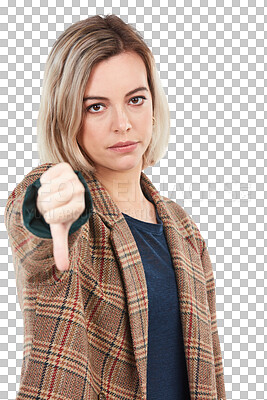 Buy stock photo Thumbs down, vote and portrait of woman on isolated, transparent or png background. Finger, fail and face of unhappy female person with emoji for no, reject or bad, review or feedback, news or choice