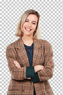 Buy stock photo Woman, style portrait and arms crossed with a smile isolated on a transparent, png background. Young, female person and fashion with confidence and trendy modern outfit feeling happy and casual
