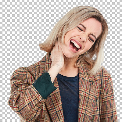 Buy stock photo Neck pain, injury and woman with problem on isolated, transparent or png background. Face, agony and lady person suffer headache, spine or osteoporosis, arthritis or fibromyalgia, stress or anxiety