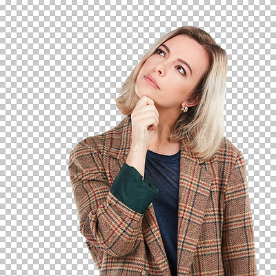 Buy stock photo Hand, confused and woman thinking on isolated, transparent or png background with choice or opinion. Decision, why and female person with questions emoji, ideas or choosing, decide or solution