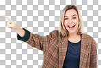 PNG Studio shot of a young woman pointing towards something