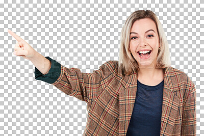 Buy stock photo Hand, pointing and portrait of woman on isolated, transparent and png background. Happy, face and female with finger showing decision, choice or selection, option or promotion, information or deal