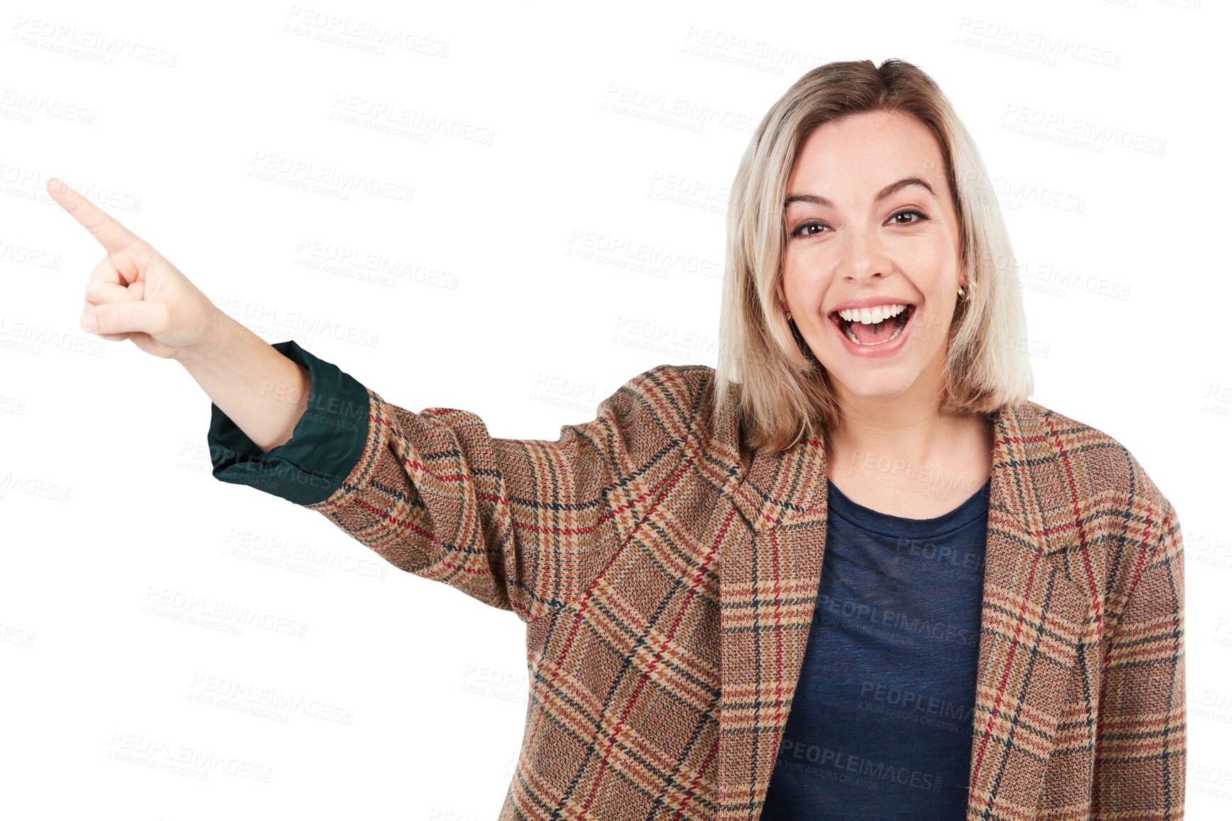 Buy stock photo Hand, pointing and portrait of woman on isolated, transparent and png background. Happy, face and female with finger showing decision, choice or selection, option or promotion, information or deal