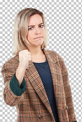 Buy stock photo Fist, hand and portrait of angry woman with warning on isolated, transparent and png background. Fight, emoji and face of female person with protest, gesture and threat, frustrated or body language 