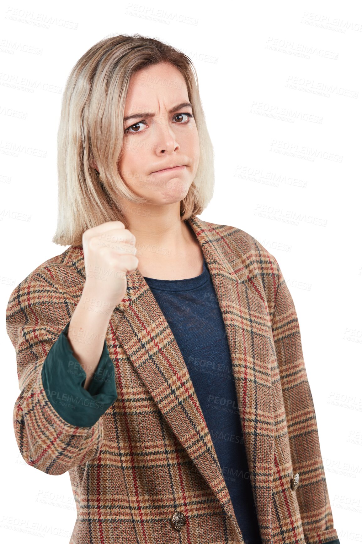 Buy stock photo Fist, hand and portrait of angry woman with warning on isolated, transparent and png background. Fight, emoji and face of female person with protest, gesture and threat, frustrated or body language 