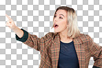 PNG Studio shot of a young woman pointing towards something