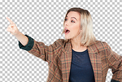 Buy stock photo Wow, hand and pointing by woman on isolated, transparent and png background. Open mouth, face and female with finger showing decision, choice or selection, option or promotion, information or choose