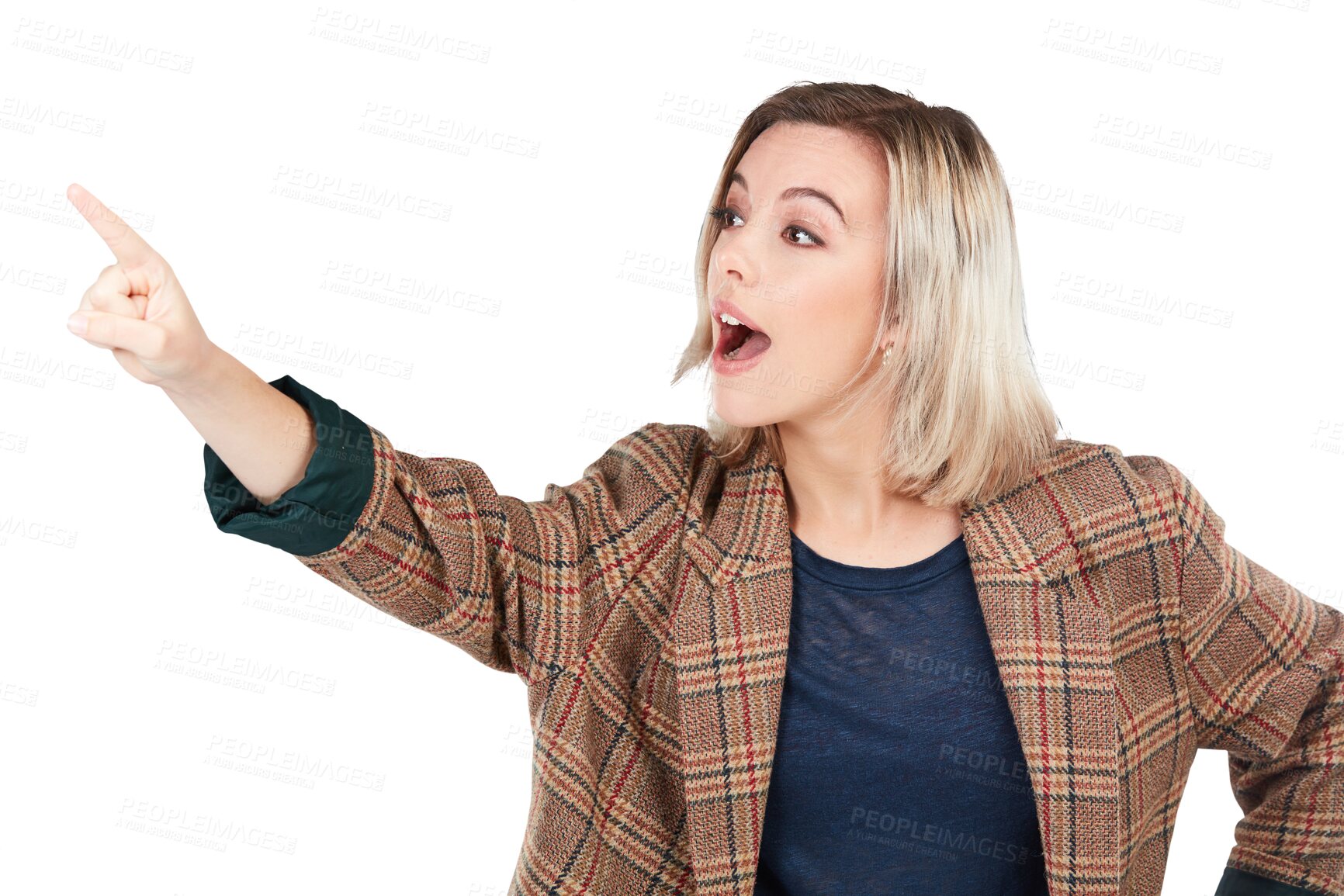 Buy stock photo Wow, hand and pointing by woman on isolated, transparent and png background. Open mouth, face and female with finger showing decision, choice or selection, option or promotion, information or choose