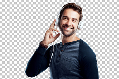 Buy stock photo Music, headphones and portrait of happy man isolated on transparent png background, listen with smile and audio app. Happiness, fun and male model with earphones listening to radio streaming service.