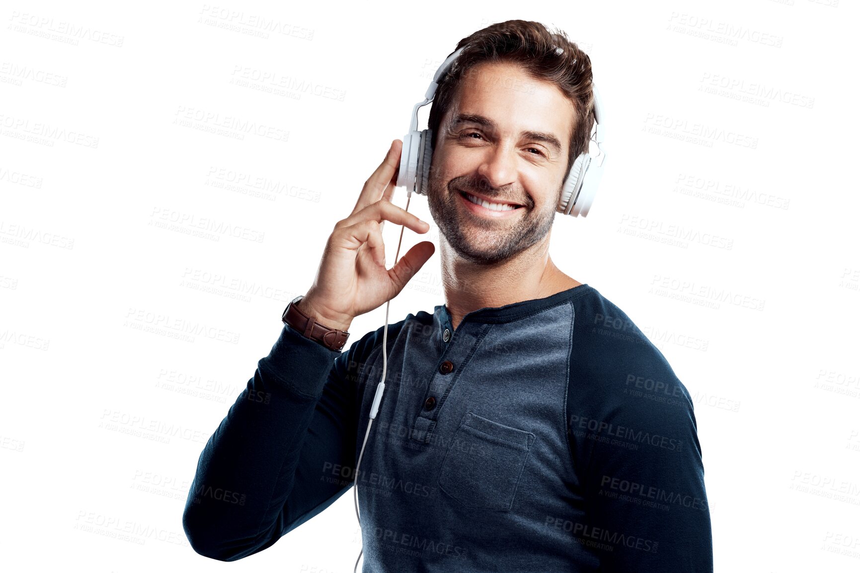Buy stock photo Music, headphones and portrait of happy man isolated on transparent png background, listen with smile and audio app. Happiness, fun and male model with earphones listening to radio streaming service.