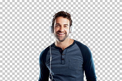 Buy stock photo Music, earphones and portrait of happy man isolated on transparent png background, listen with smile and audio app. Happiness, fun and male model with headphones listening to radio streaming service.