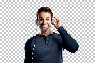 Buy stock photo Sound, headphones and portrait of happy man isolated on transparent png background, listen with smile and audio app. Happiness, music and male model in earphones listening to radio streaming service.