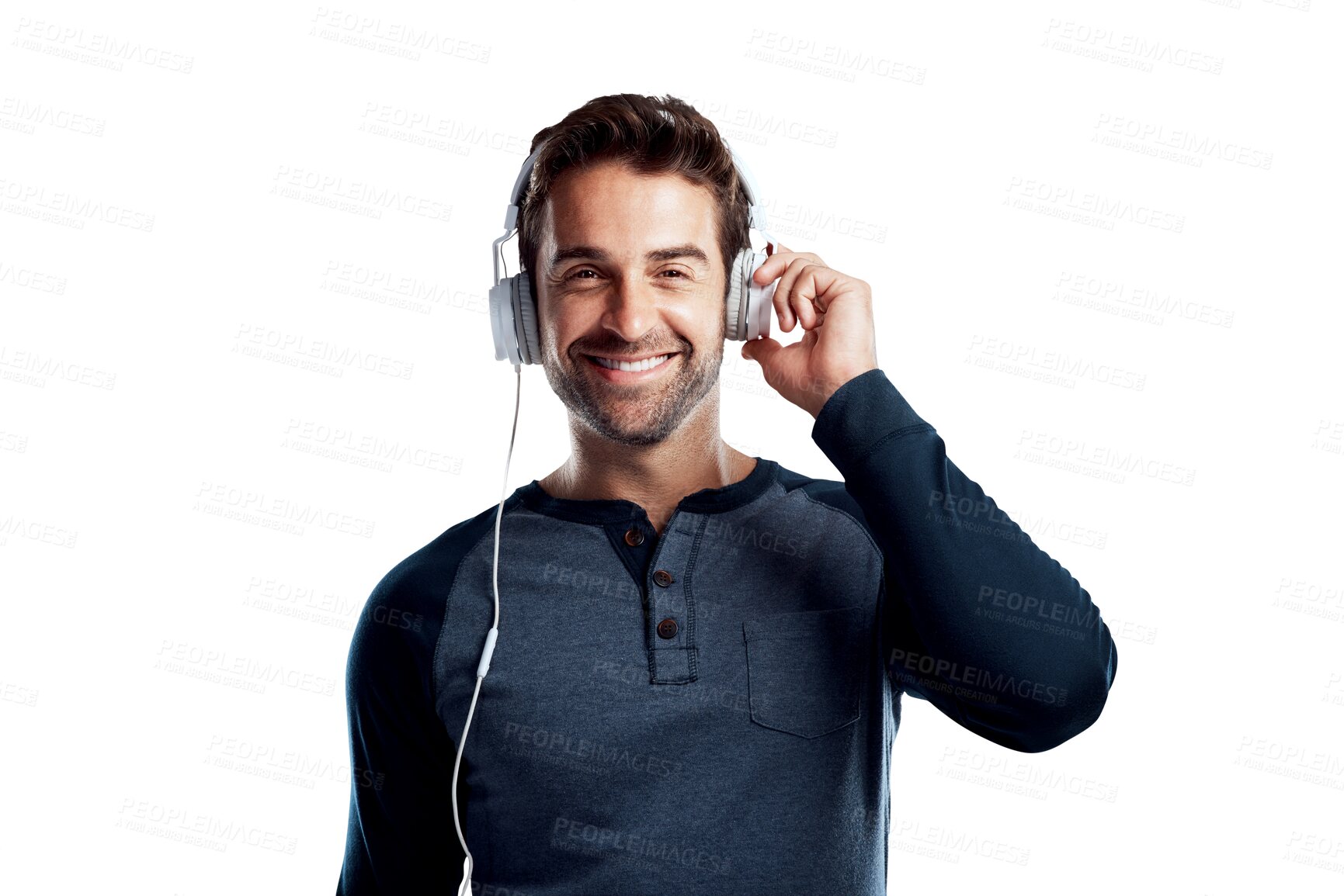 Buy stock photo Sound, headphones and portrait of happy man isolated on transparent png background, listen with smile and audio app. Happiness, music and male model in earphones listening to radio streaming service.