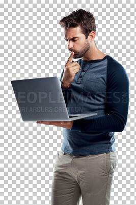 Buy stock photo Thinking, laptop or man reading project data, research insight or problem solving online solution for web plan. Idea, computer or person brainstorming analysis isolated on transparent, png background
