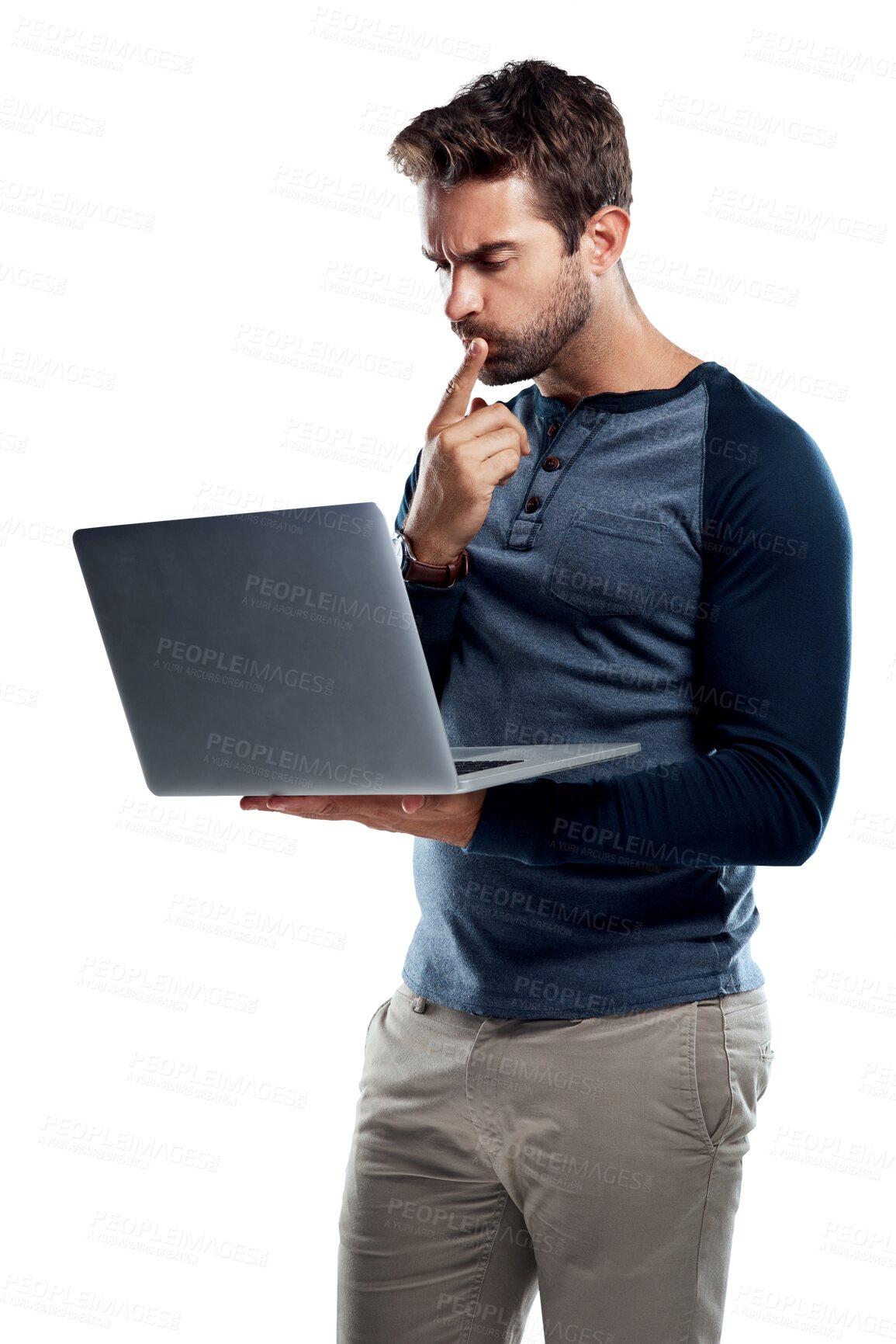 Buy stock photo Thinking, laptop or man reading project data, research insight or problem solving online solution for web plan. Idea, computer or person brainstorming analysis isolated on transparent, png background