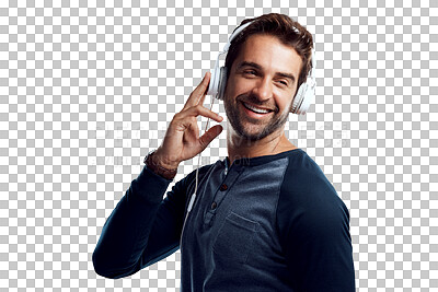 Buy stock photo Music, headphones and streaming, happy man isolated on transparent png background, listen with smile and audio app. Happiness, fun podcast and male model with earphones listening to radio service.