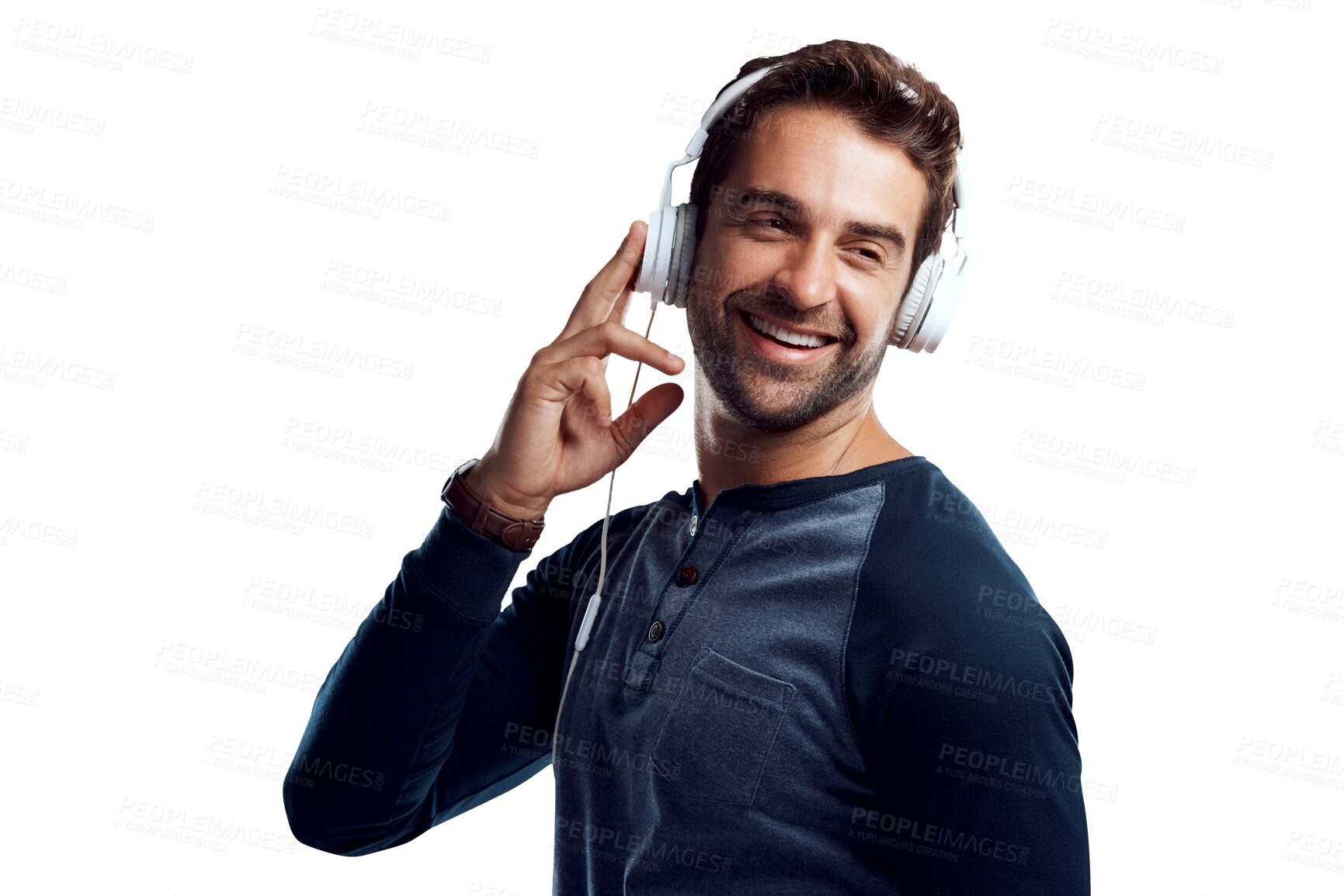 Buy stock photo Music, headphones and streaming, happy man isolated on transparent png background, listen with smile and audio app. Happiness, fun podcast and male model with earphones listening to radio service.