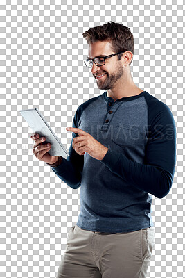 Buy stock photo Man with smile, tablet and glasses isolated on transparent png background, scroll online and checking email. Social media, internet and male model with digital app, search and freelance worker on web