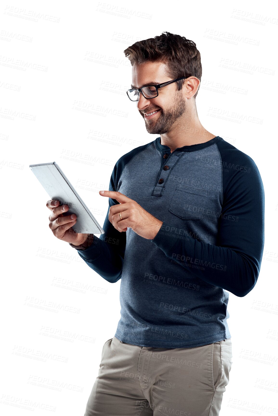 Buy stock photo Man with smile, tablet and glasses isolated on transparent png background, scroll online and checking email. Social media, internet and male model with digital app, search and freelance worker on web