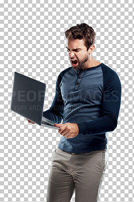 Buy stock photo Laptop glitch, anger and frustrated man shout at malware virus error, online spam email or software system fail. Disaster, tech problem and angry male user isolated on transparent, png background