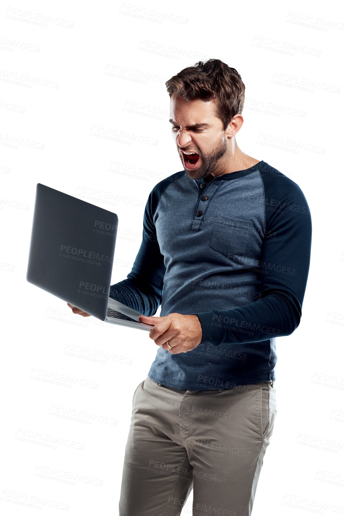 Buy stock photo Laptop glitch, anger and frustrated man shout at malware virus error, online spam email or software system fail. Disaster, tech problem and angry male user isolated on transparent, png background