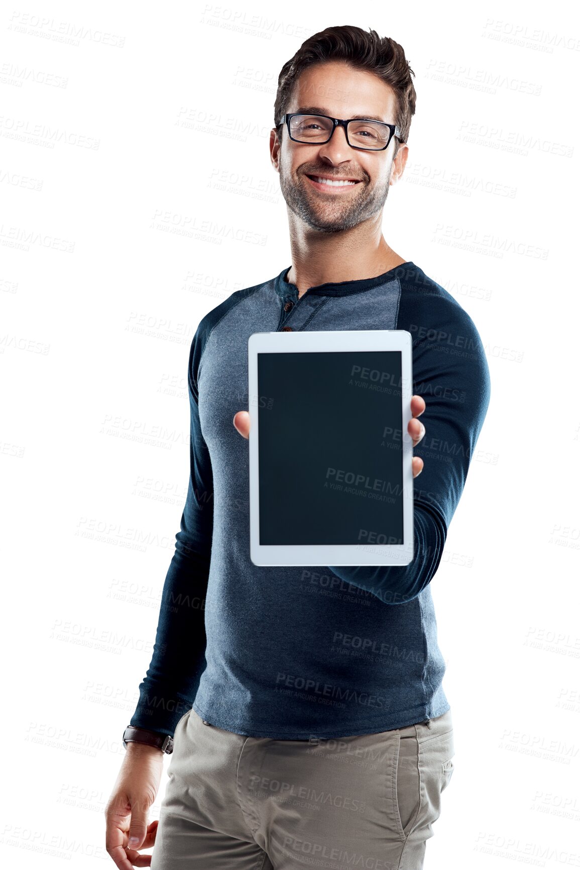 Buy stock photo Tablet screen, mockup and show with portrait of man on transparent background for networking, social media and internet. Digital, technology and online with male developer isolated on png for app