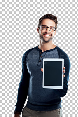 Buy stock photo Tablet, mockup and portrait of business man on transparent background for networking, social media and internet. Digital, technology and online with male employee isolated on png for app show