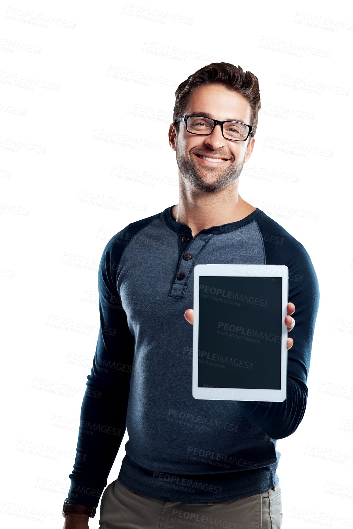 Buy stock photo Tablet, mockup and portrait of business man on transparent background for networking, social media and internet. Digital, technology and online with male employee isolated on png for app show
