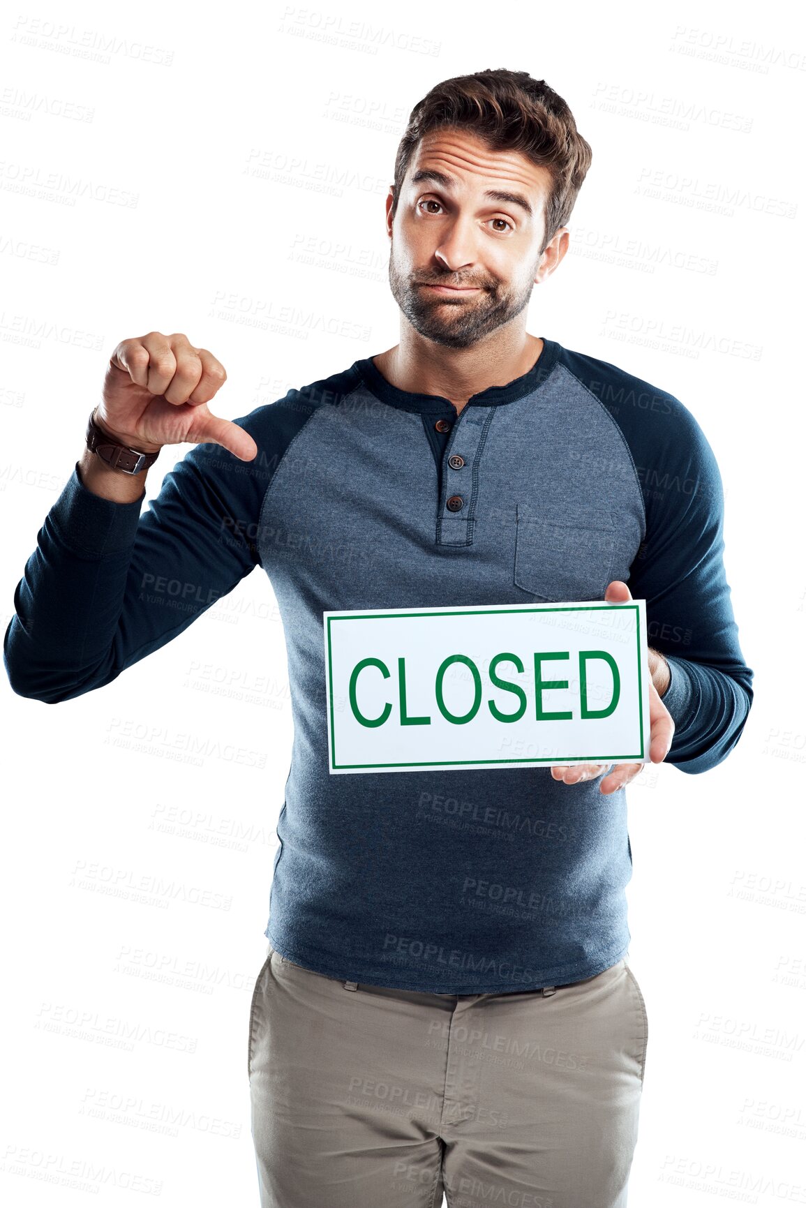 Buy stock photo Portrait, thumbs down and man with closed sign, poster or banner for shop bankruptcy, fail or crisis. Close announcement, signage or male small business owner isolated on transparent, png background 