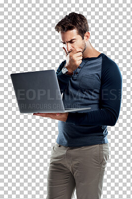 Buy stock photo Laptop problem, mistake and man reading project data, research insight or problem solving online solution. Website review, crisis and person analyzing info isolated on a transparent, png background