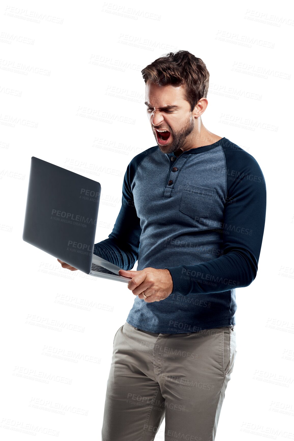 Buy stock photo Laptop problem, angry and frustrated man scream for bad feedback email, online mistake or system fail. Error, technology crisis and person shout at 404 glitch isolated on transparent, png background