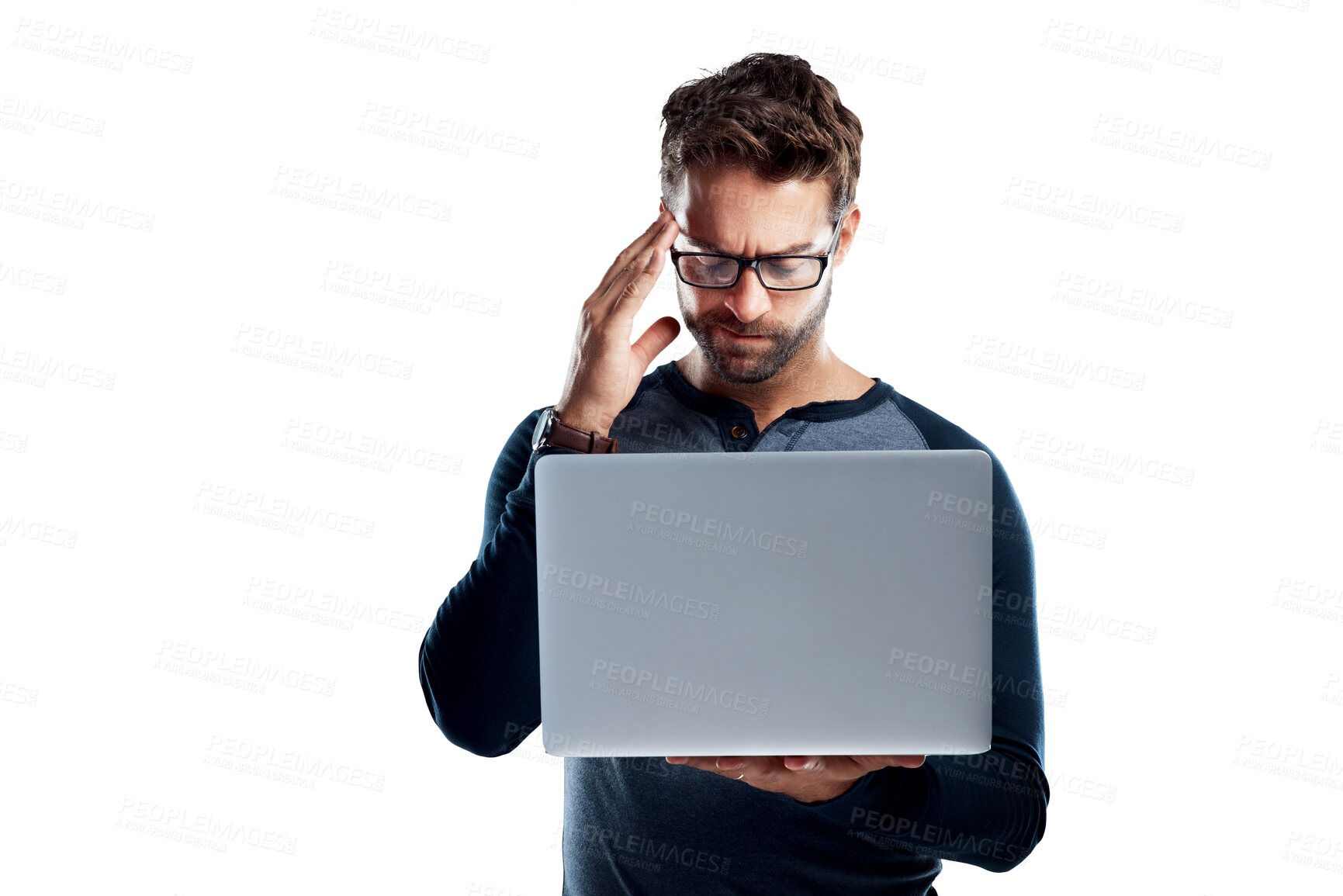 Buy stock photo Laptop error, headache and man stress over mistake, web review crisis or software system problem. Computer person reading project fail, insight or research isolated on transparent, png background