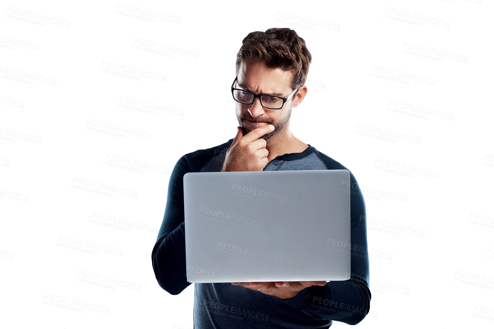 Buy stock photo Thinking, laptop or man reading online data, insight or statistics of social network research, plan or ideas. Brainstorming analysis, choice or person decision isolated on transparent, png background