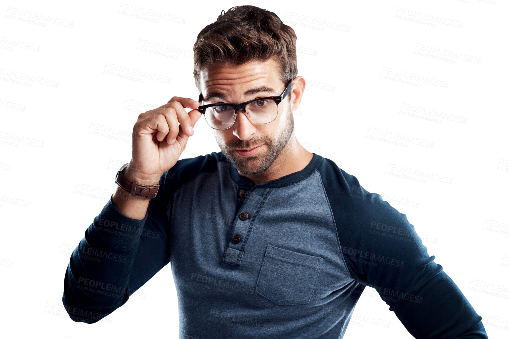 Buy stock photo Portrait, handsome and glasses, man isolated on transparent png background with casual fashion. Relax, pose and serious male model with looking with confidence, vision and spectacles for eyesight.