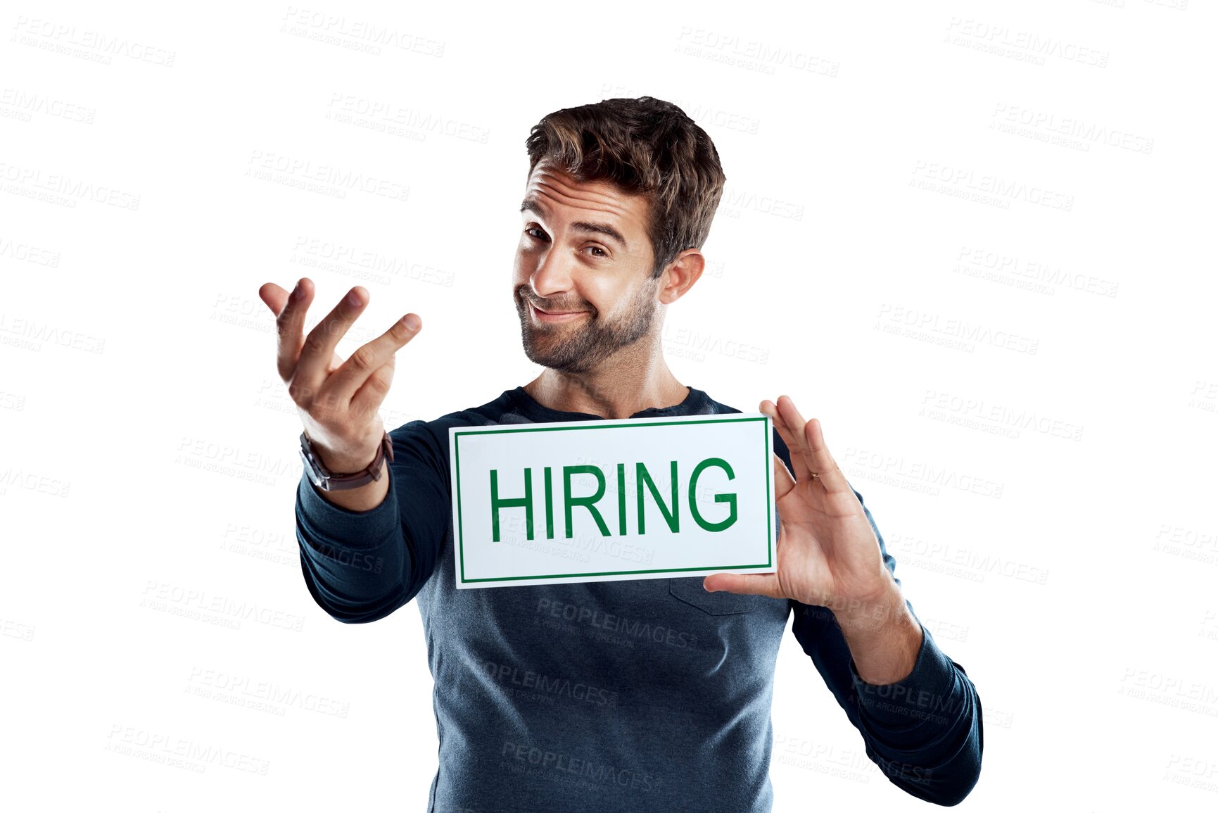 Buy stock photo We are hiring, opportunity or man with portrait sign, poster or board for job search, vacancy or employment. Recruiting welcome, small business offer or person isolated on transparent, png background