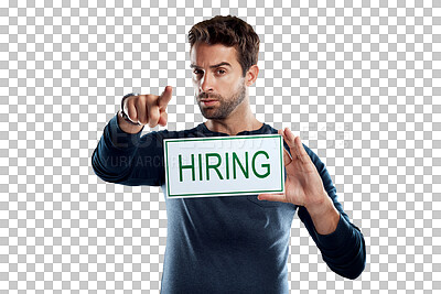 Buy stock photo Portrait, pointing and man with hiring sign, poster and gesture at job opportunity decision, vacancy choice or option. Recruiting search, signage and person isolated on a transparent, png background