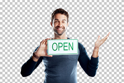 Buy stock photo Portrait, announcement or happy man with welcome open sign, poster or signage for grand opening news, info or offer. Pride, show or person advertising services isolated on transparent, png background