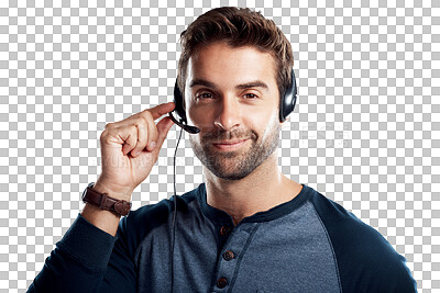 Buy stock photo Face portrait, customer support communication and happy man with headset microphone for telemarketing. Call center service, tech consultant or confident person isolated on transparent, png background