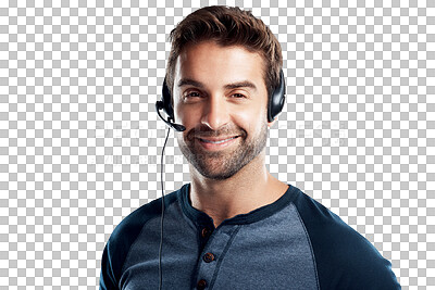 Buy stock photo Happy, portrait and man at call centre with communication on png, isolated and transparent background. Telemarketing, headset and male employee with consulting for networking sales with microphone.