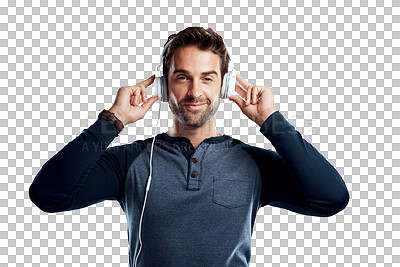 Buy stock photo Smile, headphones and portrait of man isolated on transparent png background, listen to podcast and audio app. Happiness, fun and music, male model with earphones listening to radio streaming service