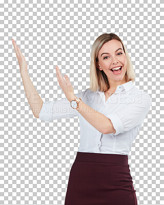 Buy stock photo Show, portrait and business woman on transparent background for promotion, professional and idea. Offer, hand gesture and pride with female employee isolated on png for corporate and announcement
